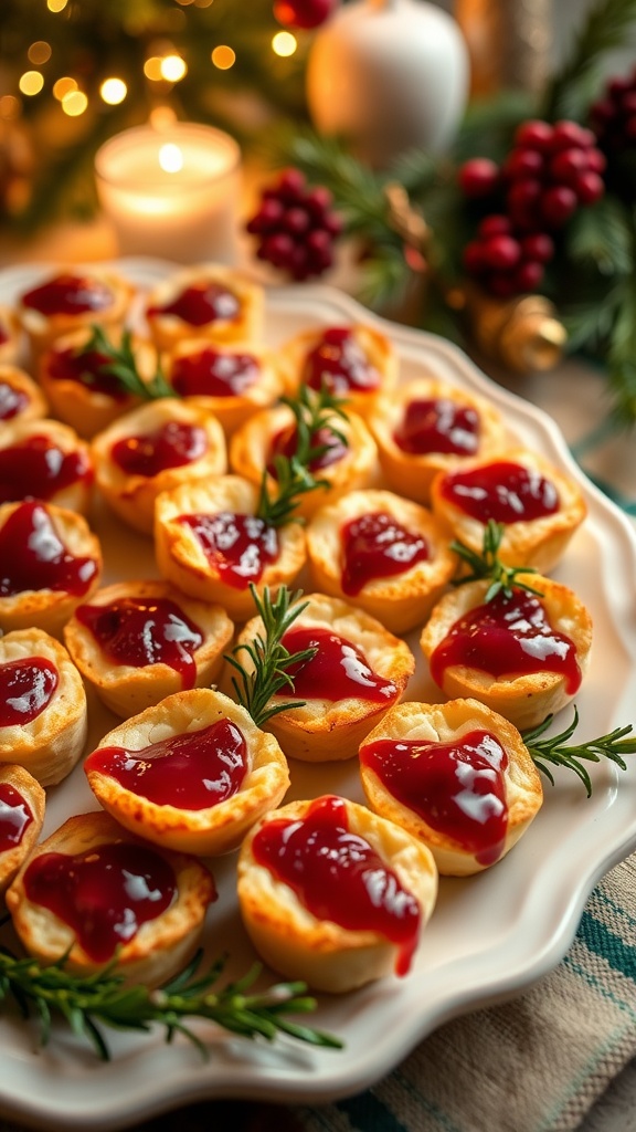 Festive cranberry brie bites on a platter, garnished with rosemary, ready for a Christmas celebration.